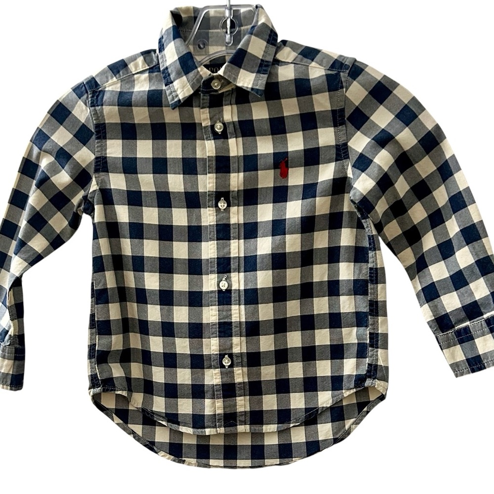 POLO RALPH LAUREN Blue and White Gingham Print Long Sleeve Button Front Size 3T